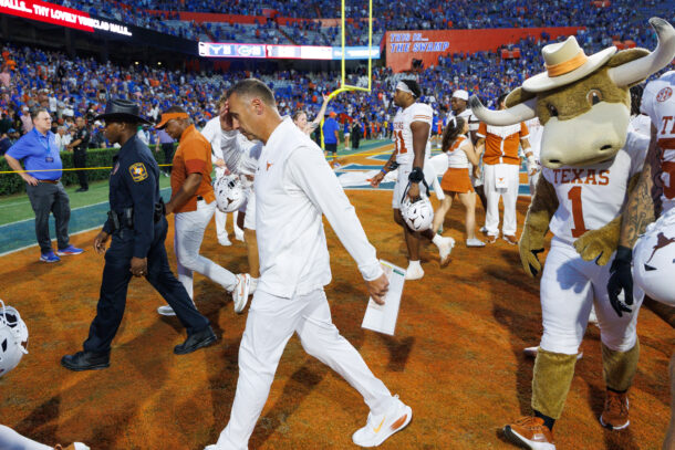 Texas coach Steve Sarkisian walks off the field.