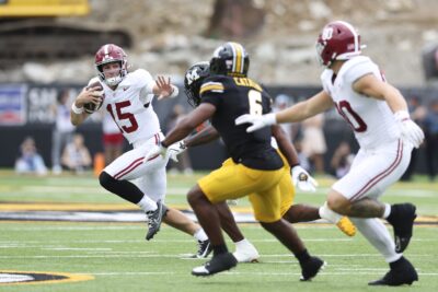Alabama quarterback Ty Simpson scrambles against Missouri