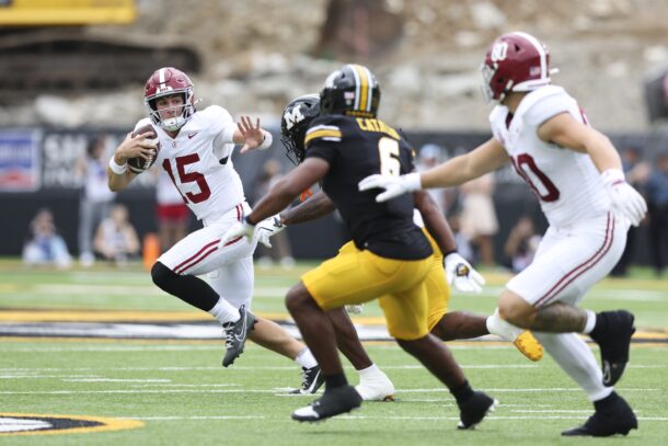 Alabama quarterback Ty Simpson scrambles against Missouri