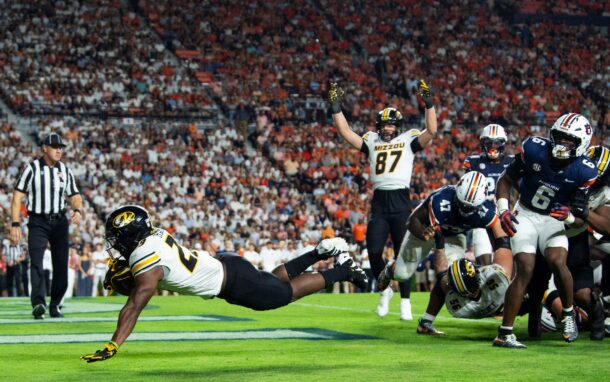 Mizzou running back Ahmad Hardy scores a touchdown.