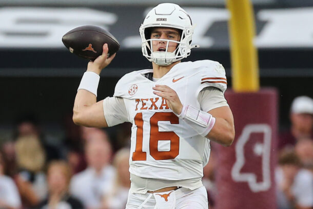 Texas quarterback Arch Manning throws a pass.