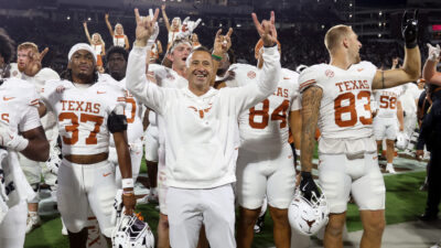 Texas coach Steve Sarkisian celebrates a win.