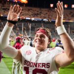 Oklahoma quarterback John Mateer celebrates a win.