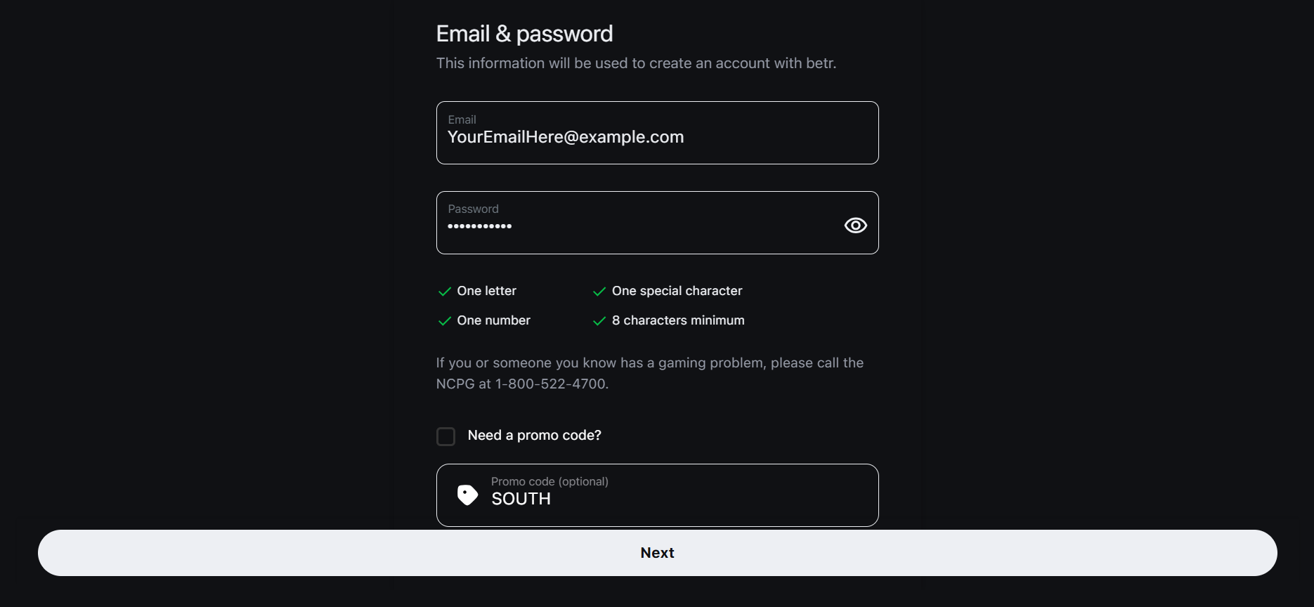 Betr Promo Code sign up page.