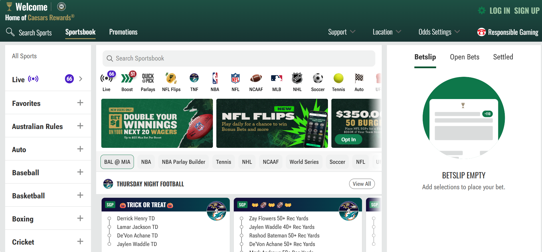 Caesars Sportsbook home page. 