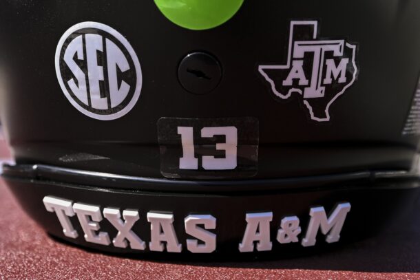 A Texas A&M helmet is shown.