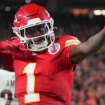 Xavier Worthy celebrates a big play.