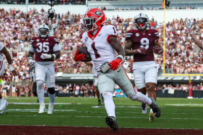 Georgia wide receiver Zachariah Branch scores a touchdown.