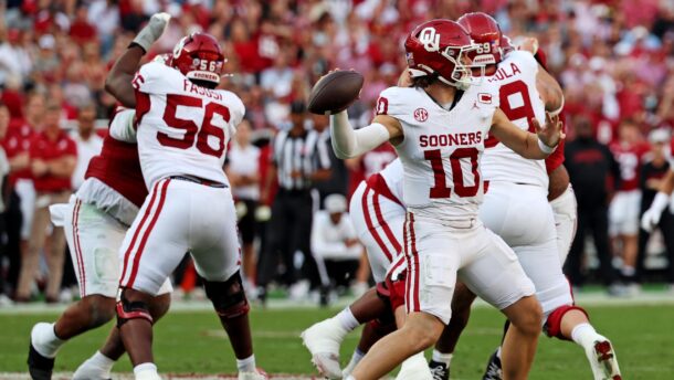 John Mateer throws a pass vs. Alabama.