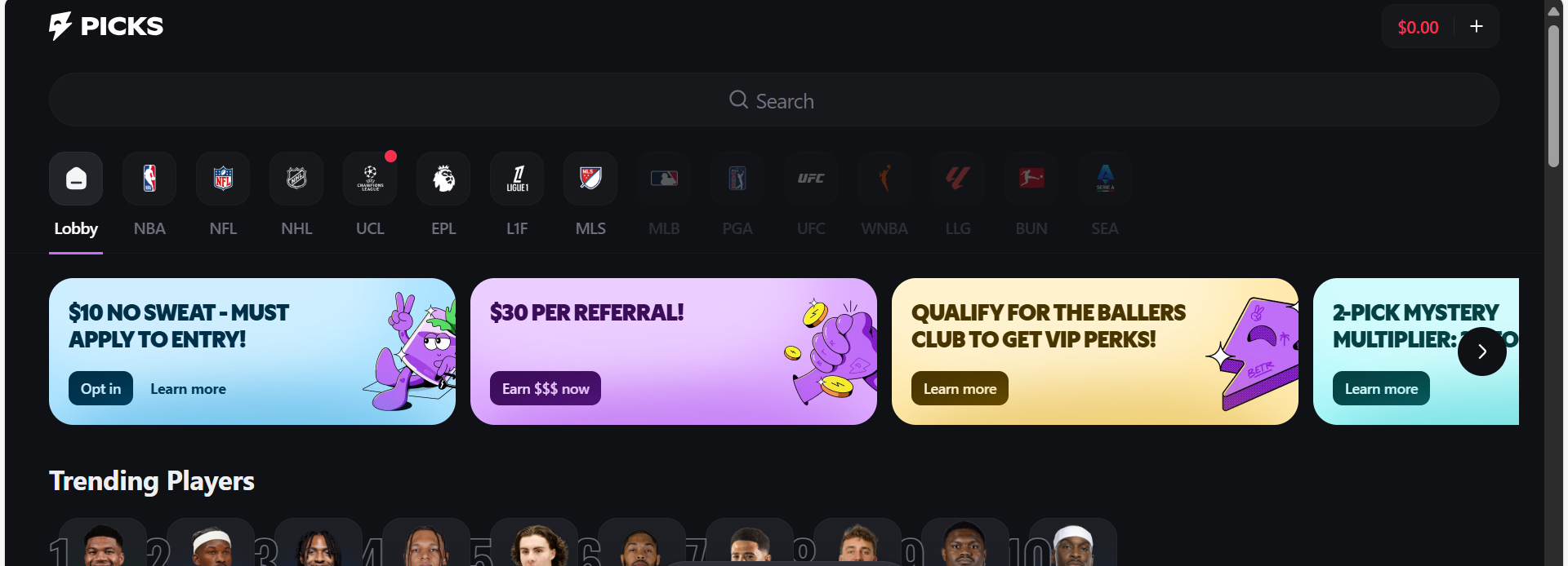 Betr Picks home page screen. 