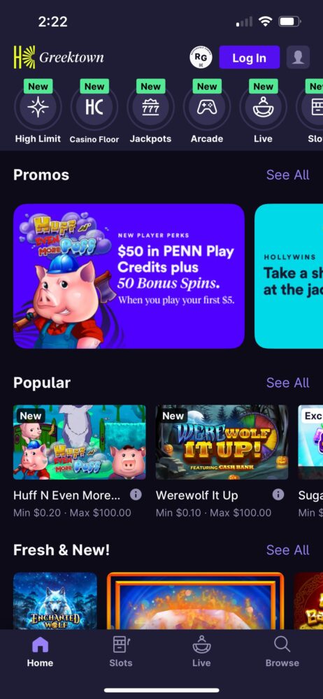 Hollywood Casino home screen