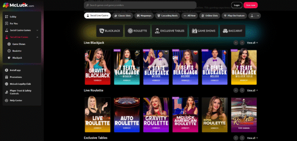 mcluck swepstakes casino live dealer games