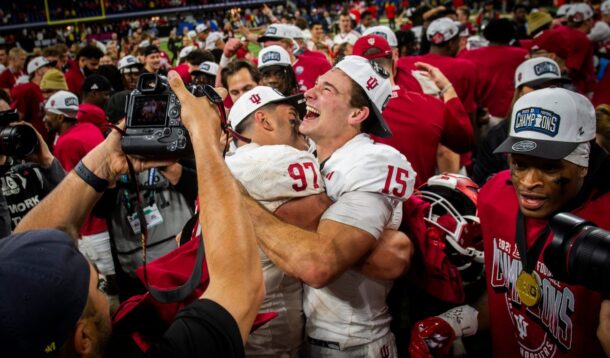 Indiana players celebrate a Big Ten title.