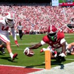 Alabama WR Germie Bernard dives toward the end zone.