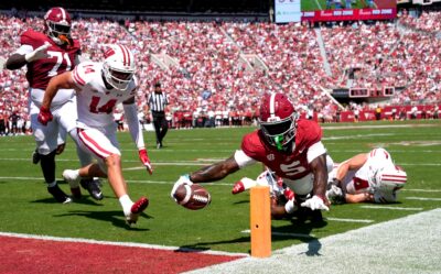 Alabama WR Germie Bernard dives toward the end zone.