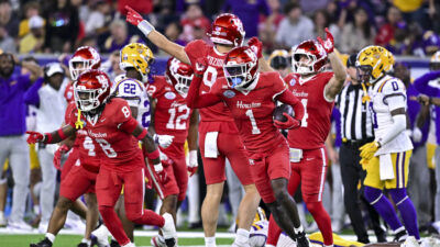 Houston players celebrate a win over LSU.