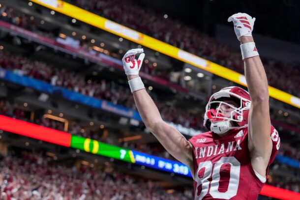 Charlie Becker of Indiana celebrates a touchdown catch.