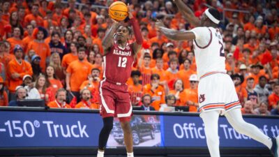 Latrell Wrightsell shoots a jumper against Auburn.