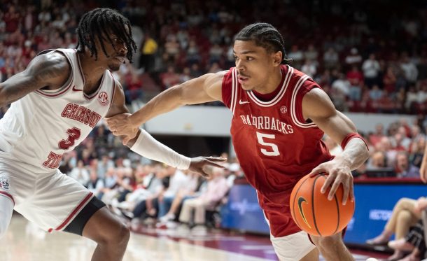 Darius Acuff Jr. drives the ball against Alabama.