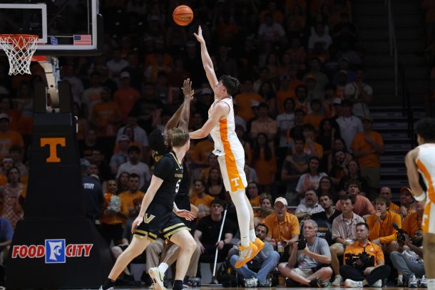 J.P. Estrella shoots the ball against Vanderbilt