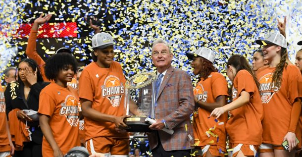 Texas women's basketball celebrate the SEC Tournament Championship.