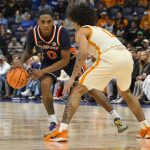 Ja’Kobi Gillespie guards Auburn Tigers guard Tahaad Pettiford.