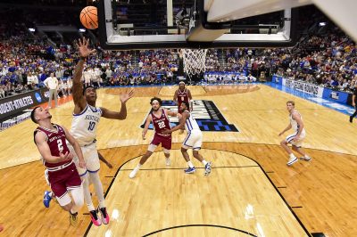Kentucky Wildcats forward Brandon Garrison and Santa Clara Broncos guard Sash Gavalyugov battle for a rebound.