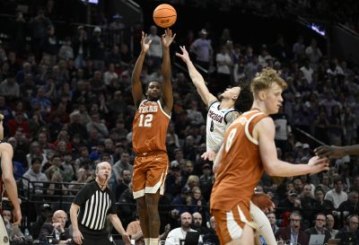Texas Longhorns guard Tramon Mark shoots against Gonzaga Bulldogs guard Jalen Warley.