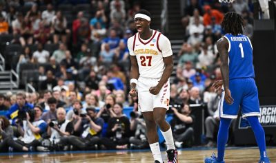 Iowa State's Killyan Toure celebrates a big play against Kentucky.