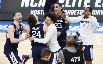 UConn celebrates after beating Duke.