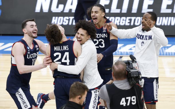 UConn celebrates after beating Duke.