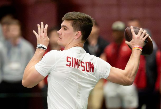 Ty Simpson throws a pass at his pro day ahead of the NFL Draft.