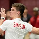 Ty Simpson throws a pass at his pro day ahead of the NFL Draft.