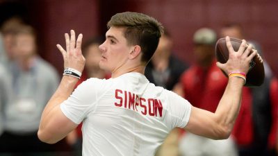 Ty Simpson throws a pass at his pro day ahead of the NFL Draft.