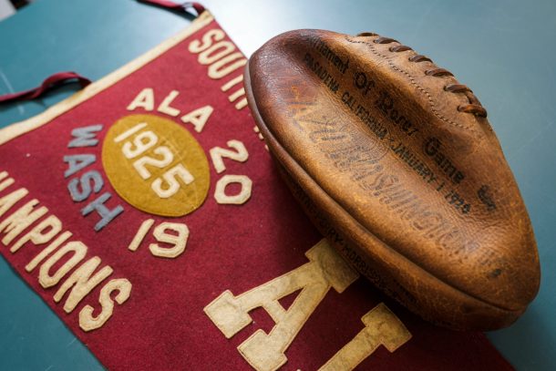 Football and pennant commemorating the 1926 Rose Bowl.