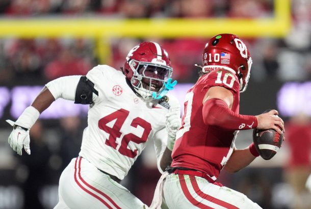Alabama's Yhonzae Pierre chases down an Oklahoma player.