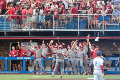 Oklahoma baseball players celebrate.