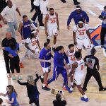 Knicks celebrate a comeback win.