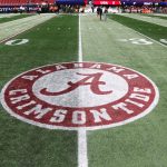 The Alabama logo is shown on the field at Mercedes-Benz Stadium in Atlanta.