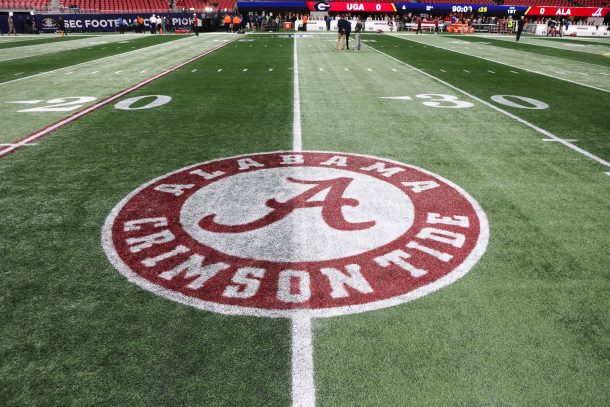 The Alabama logo is shown on the field at Mercedes-Benz Stadium in Atlanta.