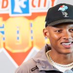 Josh Dobbs speaks to the media at Bristol Motor Speedway.