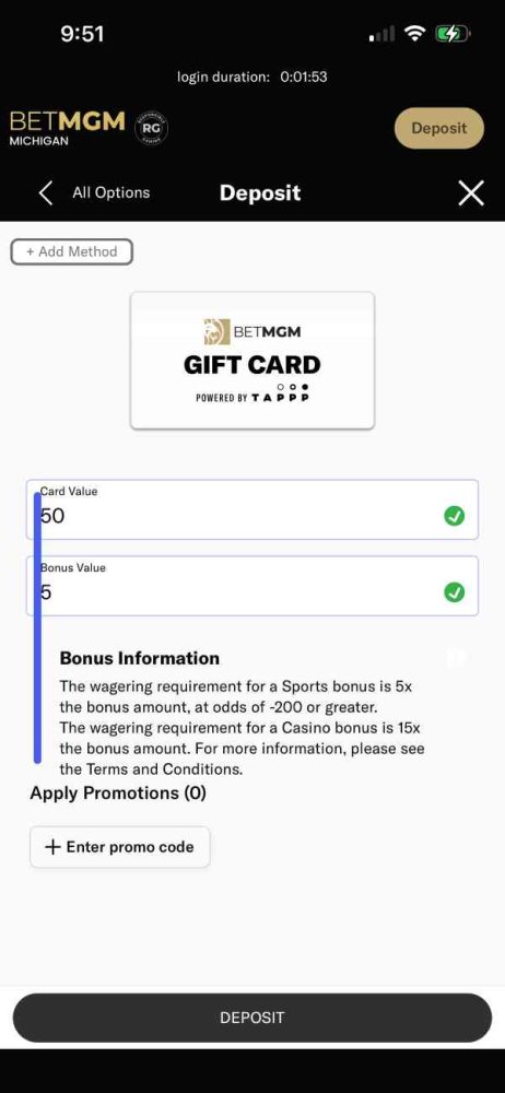 BetMGM Gift Card Deposit