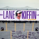 Lane Kiffin's name on the Tiger Stadium jumbotron.