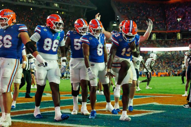 Jadan Baugh hits the Heisman pose.