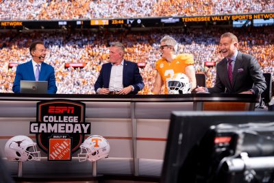 Johnny Knoxville at the College GameDay desk.
