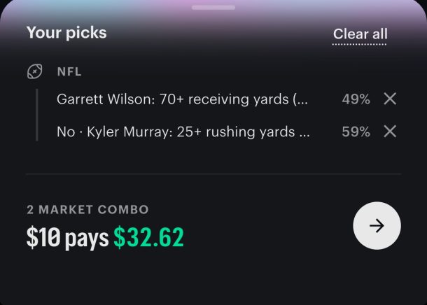 Garrett Wilson Over Receiving Yards Kyler Murray Under Rushing Yards Kalshi Combo NFL Week 3