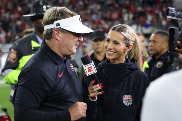 Kirby Smart is interviewed after a win over Alabama.