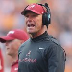 Kalen DeBoer coaching Alabama at Tennessee.