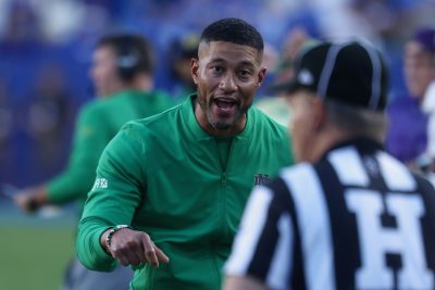 Marcus Freeman coaches Notre Dame at BYU.