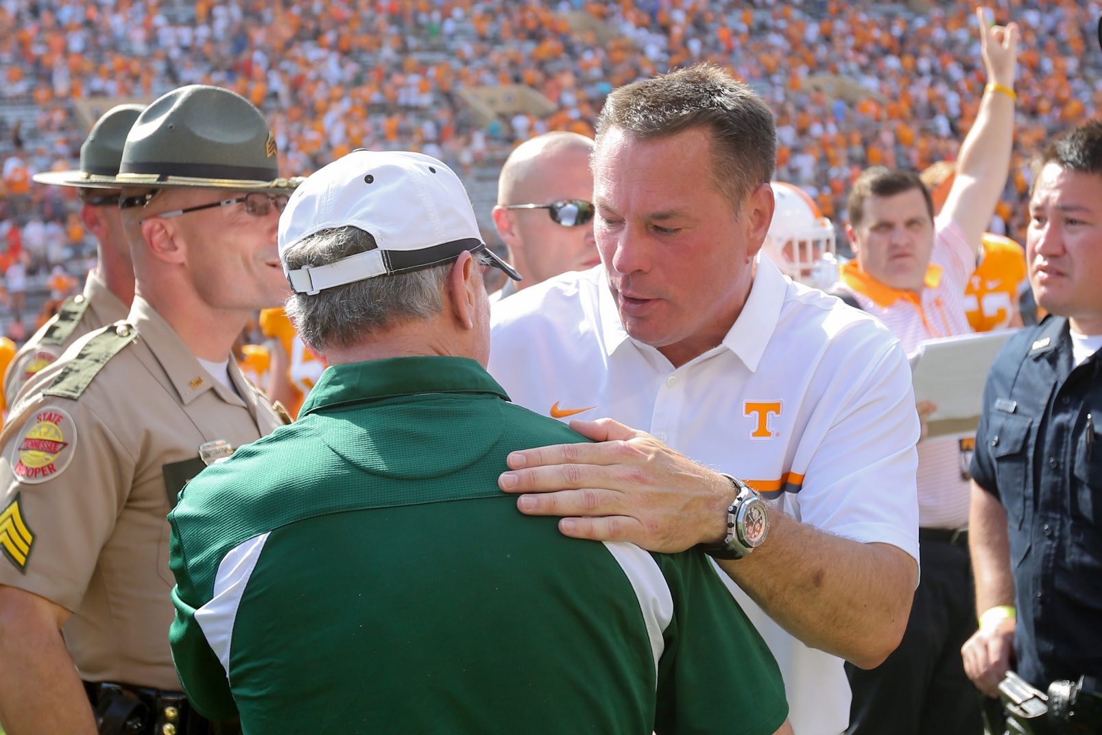 Sep 17, 2016; Knoxville, TN, USA; Tennessee Volunteers head coach Butch Jones and Ohio Bobcats head coach Frank Solich meet after the game at Neyland Stadium. Tennessee won 28-19. Mandatory Credit: Randy Sartin-USA TODAY Sports